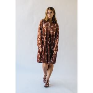 Brown Velvet Floral Tiered Shirt Dress